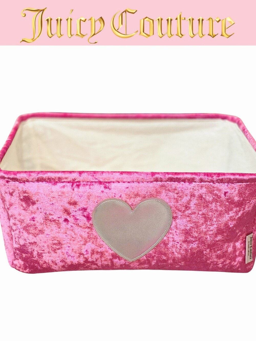 Juicy Couture Home Silver Foil Heart Velour Decorative Storage Basket- Pink